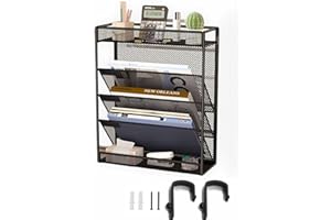 ZNMYDMT 5-stöckiger Netz-Wandordner, 3 Taschen, vertikale Halterung, Hänge-Organizer mit oberer/unterer Ablage | 2 Haken | Wandhalterung und Türaufhängung für Büro Zuhause