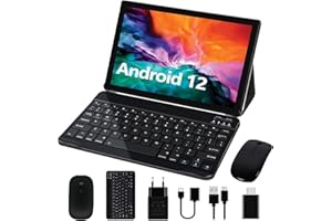 GOODTEL Tablette 10 Pouces Android 12 4Go RAM + 64Go ROM (1To TF), 5G + 2.4G WiFi, 8000mAh, 2.0Ghz Cores, BT 5.0, 8MP + 5MP, Type C, OTG, Tablette Tactitle avec étui, Clavier et Souris - Noir