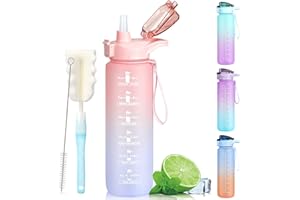CODICILE Bouteilles d'eau de motivation de 1 L sans BPA, carafe de sport avec marquage de temps et couvercle de verrouillage, sangle portable, bouteille d'eau rose rouge avec brosse