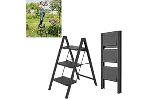 SAILUN Folding Step Ladder, 3-Step, Steel Construction, Non-Slip Rubber Mats, Widened Steps, 250KG Load Capacity, Suitable for Home, Office, Garage, Black