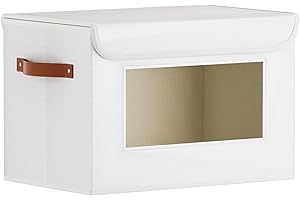 YheenLf 1 Piezas Caja de Almacenamiento, Cajas Organizadoras Armarios, Cestas Almacenaje con Ventanas y Tapas Transparentes para Guardar Ropa, Libros y otros Artículos, Blanco, 33×23×20 cm
