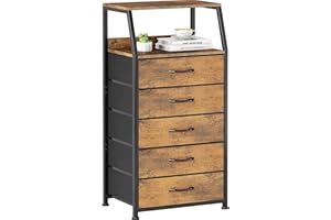 ‎CAIYUN Kommode, Schrank, Aufbewahrungsschrank mit 5 Schubladen aus Stoff, Hoch und Schmal 2-Tier Holzplatte Stoffkommode, Metallrahmen, Industrieller Stil für Schlafzimmer, Wohnzimmer, Flur, Rustikales Braun