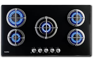 PremierTech Piano Cottura a Gas, 5 Fuochi, 90 cm, Vetro Nero, Supporti in Ghisa Professional, predisposto a Metano e Kit Ugelli GPL inclusi, Design Elegante - PC5G90V