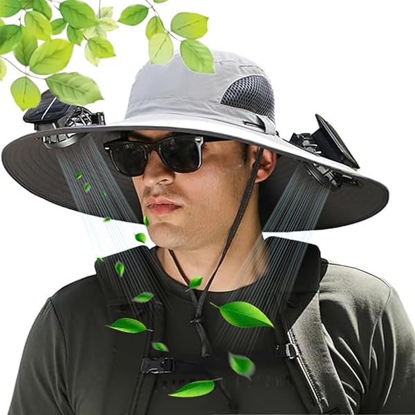Sun Hat with 2 Solar Fan Wide Brim Fishing Hats for Men and Women Summer UV Protection Bucket Hat for Beach Garden Hiking Outdoor Sports, USB Charging,Gray,One Size
