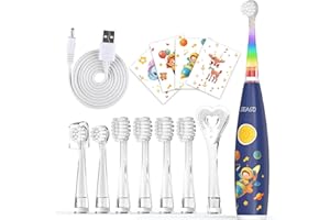 Seago Spazzolino Elettrico per Bambini con 8 Testine Morbide, LED Colorato, Timer 2 Minuti, Ricaricabile, 60 Giorni di Autonomia, Con Adesivi e Spazzolino per Lingua, Adatto 0-6 Anni SG-2159 (Blu)