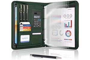 Leathario Portfolio Folder A4, Vegan Leather 4-Ring Conference Folder, Includes 10 Clear Sheet Protectors and a Pen, Multi-Pocket Travel Document Holder, Folder Organiser, Office Supplies