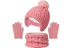 JUPSK Kids Hat Scarf Gloves Set, Winter Beanie Snood Knit Thick Neck Warmer Pom Pom Cap Fleece Lining for Children Girls Boys 3-10 Years