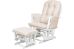 KUB Haywood Non-Reclining Glider Nursing Chair & Footstool Set | Ergonomic Breastfeeding Chair for Nursery | Smooth Gliding Motion | Safety Certified | Storage Pockets (White and Beige)