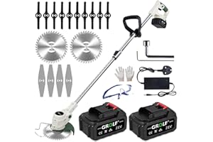 GROLF Cordless Grass Strimmer with Metal Blade 2 x 4.0Ah Battery and Fast Charger，Powerful Electric Garden Grass Trimmer Rechargeable Lightweight Yard Brush Cutter,Suitable for Gardens, Villas, Lawns