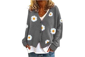 HULKAY Women's Floral Print Long Sleeve V-Neck Sweaters Button Down Ribbed Cuffs Knit Cropped Cardigan Sweater
