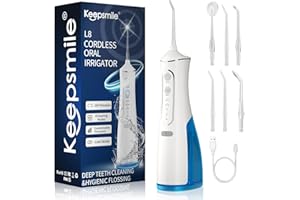 Keepsmile Water Flossers for Teeth Cordless,Portable Oral Irrigator 4 Modes,IPX7 Waterproof,300ML 6 Jet Tips USB Rechargeable Teeth Water Jet Cleaner,Water Dental Flosser at Home/Travel Size:239mm