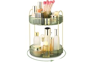 Lnueovcn 360° Rotating Makeup Organiser, Large Capacity 2 Tiers Skincare Organiser, Cosmetic Organiser Makeup Brush Holder with Compartment for Cosmetics Perfume Jewellery Bedroom （Green）