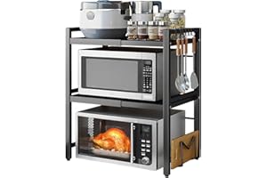 devesanter Mikrowellen Regal 3-Stufiges Ausziehbar arbeitsplatte Bäckerregale mit 6 Haken,Küchenregal Gewürzregal Mikrowellenschrank Organizer für Küchen Schwarz Ausziehbar von 40-64cm