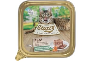 Stuzzy Mister, Comida húmeda para Gatos Adultos, Sabor Ternera y Zanahorias, línea paté y Carne en trozos - Total 3,2 kg (32 tarrinas x 100 gr)