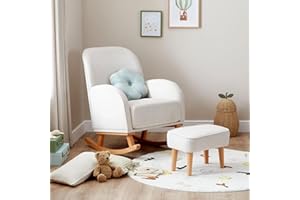 Babymore Freya Nursing Chair & Footstool Cream - Elegant Rocking Chair for Timeless Comfort With Sturdy Wooden Legs, Soft Fabric & Stylish Armrests, Contoured Backrest Enhances Support | Safety Tested