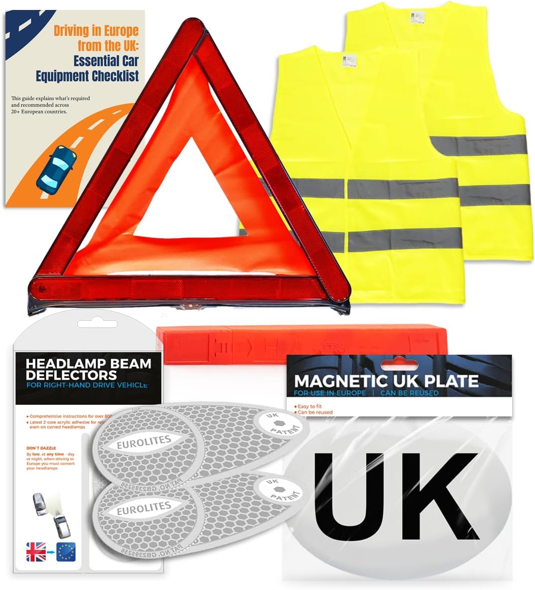 EVAQ8 Europe Travel Driving Kit 2026 Includes the Four Core Items UK Cars Must Carry When Travelling to France, Italy, Germany, Spain: UK Sticker, Warning Triangle, Vests, Headlamp Beam Converters
