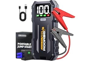 BSMOOM Booster Batterie Voiture Portable, 5000A Démarreur Batterie Voiture (Jusqu’à 10.0L Essence & 8.0L Diesel), Jump Starter avec Port de Charge USB, 3 Modes de Lumières LED, Écran LCD