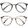 Blue Light Blocking Glasses Computer Gaming Clear Frame Women Men Anti Blue Light Glasses Women Lightweight Computer Glasses Non-Prescription Lens Anti Glare anti Headache (Black + Leopard, 2PCS)