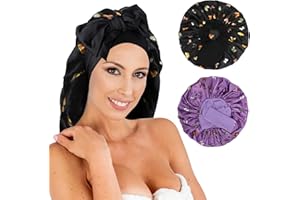 ‎CLASSYCOO Classycoo 2 Stück Groß Schlafmütze Verstellbare Schlafkappe für Damen und Mädchen, Duschhaube zum Schlafen mit Gummizug - für Locken Sleep Cap für Lange Haare (Schwarz+Lila)
