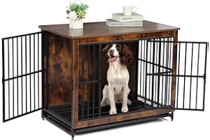 Hello-5ive Large Dog Crate Furniture, Wooden Dog Cage with Double Doors, Heavy Duty Indoor Dog Kennel with Removable Tray for Small Medium Large Dogs, End Side Table, 97.5x59x77.5 cm, Rustic Brown