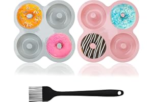 KODWIS Moldes de Silicona para Donuts 2 Piezas, 4 Cavidades Moldes de silicona para Rosquillas y 1 Cepillo de silicona Moldes de Repostería Antiadherentes para Hornear Rosquillas Pasteles Galletas