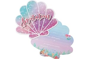 BHGT 12PCS Cartes Invitation Sirène Invitation Anniversaire en Forme de Coquillage Cartes d’Invitation en Français pour Fête Party Accessoire pour Enfants Filles