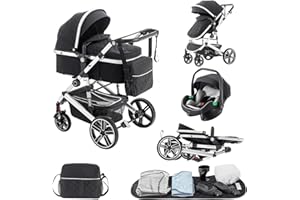 Lnhcrbs Cochecito Bebe 3 Piezas,el Chasis Delsilla de Paseo Ligera es de Aluminio, con clips para cestas de dormir,Silla de Paseo Reversible, Cubierta Para la Lluvia,Mosquitera, 0-48 Meses,22kg,Negro