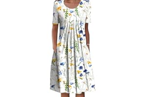 Achinel Women's Floral Print Midi Dresses Ladies Crew Neck Short Sleeve T Shirt Dress Summer Sundress Casual Boho Bohemian Dress