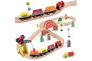 KABENFIS Legno 39 Pz Train Tracks Giocattoli con Crane Bridge e Wooden Train Tracks Giocattoli per i Bambini