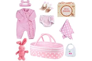 BABESIDE 8 Pieces Reborn-baby Doll Clothes 17-22 Inch with Bassinet Doll Clothes Accessories for Newborn Babies Pretend Play Set (Pink Outfit fit )