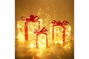 ELKTRY 3er Set LED Geschenkbox, Weihnachtsdeko mit 60 warmweiß LEDs innen Strom, PVC Wasserdicht Weihnachtenbox Beleuchtete außen mit Schleife
