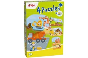 HABA 4 Erste Puzzles – Baustelle – Einstiegspuzzle für Kinder ab 2 Jahren mit Holzfigur, Betonmischer, Kipplaster & Bagger – 2012186003