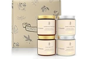 TTRWIN Candele Profumate, 4 Candele Aromaterapia, Candela di Soia: Gelsomino/Ylang Ylang, Sandalo/Patchouli, Abete/Cedro, Vaniglia/Ambra, Lunga Combustione, Regalo Uomo Donna