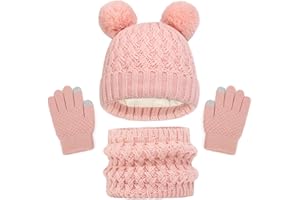 Baynetin Kids Winter Beanie Hat, Pom Bobble Hat Scarf Gloves Set with Fleece Lining for Boys and Girls 2-8