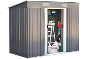 GOPLUS 3,1㎡ Abri de Jardin Métal, Cabine de Jardin Extérieur Portes Coulissantes, Cabane de Rangement à Outils, 238 x 131 x 181 cm, Gris