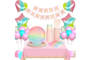 YIMAKJ Geburtstag Partygeschirr Set, Pappteller Kindergeburtstag Set, Luftballon Geburtstagsdeko Mädchen einschließlich Tischdecke Teller Becher Servietten für Babyparty Geburtstag Hochzeit Party