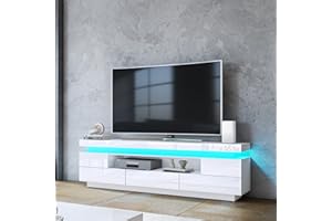 T AUNTY STORE TV Cabinet with LED Light 5 Drawers 1 Open Case for Living Room Furniture Sideboard High Gloss Front TV Stand Unit Entertainment Centre TV Console Media Unit White 150CM
