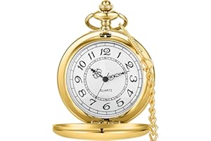 Tiong Classic Retro Smooth Steel Quartz Pocket Watch - Vintage Pocket Watches for Men & Women Arabic Numerals White Dial with Chain for Birthday Graduation