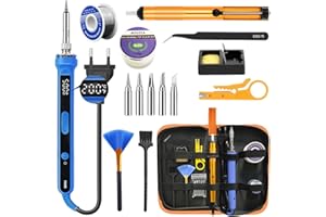 AOUZEA Soldador de Estaño 100W Kit LED Temperatura Ajustable 180-520 °C con Encendido/Apagado, 8g Limpiador de Puntas, 50g Alambre, 6 Puntas, Bomba de Desoldadura, Soporte, pinzas, 2 Cepillos