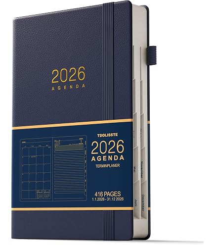 POPRUN Agenda 2026 22 x 16,5 cm, Schoolagenda 12 Maanden Jan.2026 tot Dec. 2026 -Zelfklevende Pennenhouder- Zachte Kaft in Veganistisch Leer, FSC® Papier - Paars