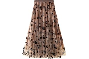 Odizli Tüllrock Damen Lang Elegant Vintage Blume Stickerei Elastisch High Waist A Linie Swing Midi Rock