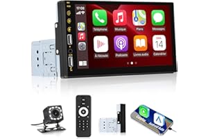 NHOPEEW Autoradio 1 Din avec carplay et Android Auto - Radio de Voiture avec écran Tactile HD de 7 Pouces - Mirror Link Streer Wheel Control BT 7 Couleurs rétroéclairage FM + caméra de recul et Microphone