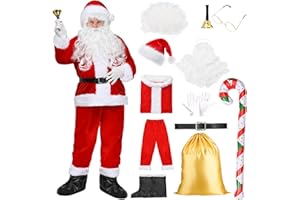 Amycute Costume Babbo Natale, Set Costume Natale con Vestito Babbo Natale, Barba, Cappello Natale, Cintura, Sacco Babbo Natale Costumi Cosplay Natale per Regalo Natale