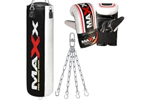 MAXX PRO BOXING GEAR Maxx Black and White 3ft 4ft 5ft 6ft Filled Hanging Boxing Punch Bag Set Heavy Punching bag