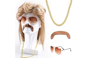 JWTRSVTY 4er Set Vokuhila Perücke Herren, 80er Herrenperücke, 80er 90er Jahre Outfit Herrens, Cosplay Outfit Accessoires mit Perücke Brille Bart Halskette, Für Fasching Cosplay Halloween Kostümfeste