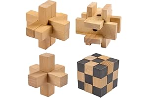 Holzsammlung 4 Pièces Casse-Tête en Bois Puzzle 3D Jeu de Logique Educatif Jeu de Patience Jigsaw Lock Cube, Intelligence Géométrie Logique Défi Jouet IQ Jeu de Réflexion pour Enfants et Adultes
