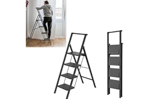 SAILUN Folding Step Ladder, 4-Step, With Handrail, Steel Construction, Non-Slip Rubber Mats, Widened Steps, 250KG Load Capacity, Suitable for Home, Office, Garage, Black