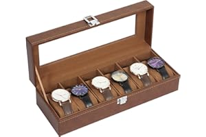 Uten Boîte à Montres 6 Compartiments, Coffret à Montres en PU, Couvercle en Verre, Coffret de Rangement pour Montres, Doublure en Velours Marron, Idée Cadeau
