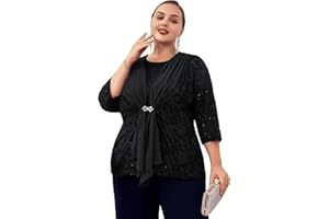 Hanna Nikole Maglia da donna in pizzo con paillettes, due pezzi, maniche a 3/4, a maniche lunghe, in chiffon, con strass, due pezzi