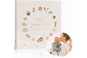 MeinBaby123® Babyalbum Dein 2tes Jahr hochwertig vergoldet | Geschenk erster Geburtstag | Geschenkt 1. Geburtstag | Meilensteine im zweiten Lebensjahr (beige)